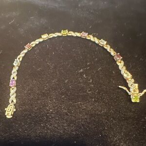 Gold Vermeil Multi Gemstone Chain Bracelet 8" Garnet Amethyst Topaz